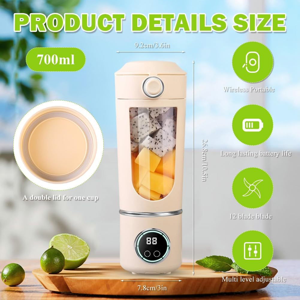 Mixeur Portable, Mini Mixeur Sur Pied Blender, Mixeur Smoothie Maker Portable 700Ml, Avec 12 Lames En Acier Inoxydable, Extracteur De Jus Rechargeable Pour Milkshakes, Fruits Et Légumes, Écran