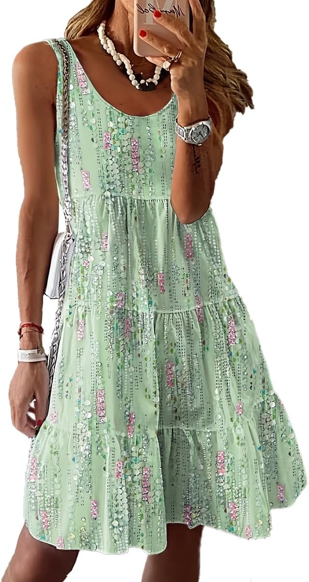 Summer Dress Women Floral Beach Dress Sleeveless Casual Dresses Knee Length Short Tank Dress