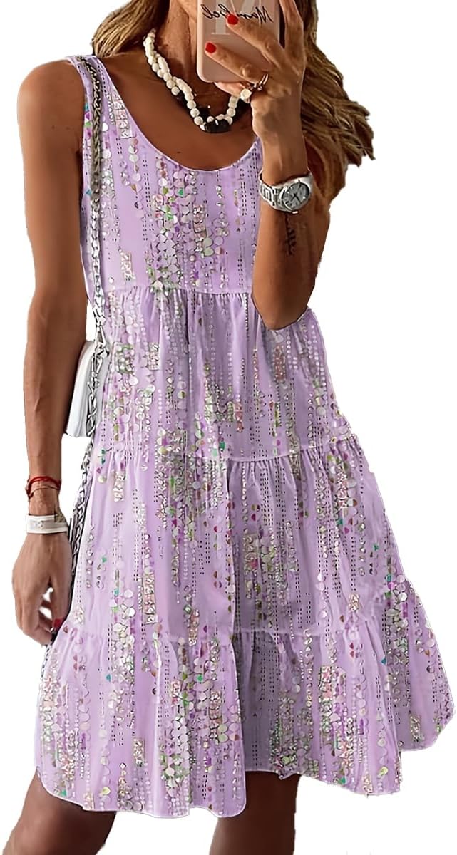 Summer Dress Women Floral Beach Dress Sleeveless Casual Dresses Knee Length Short Tank Dress