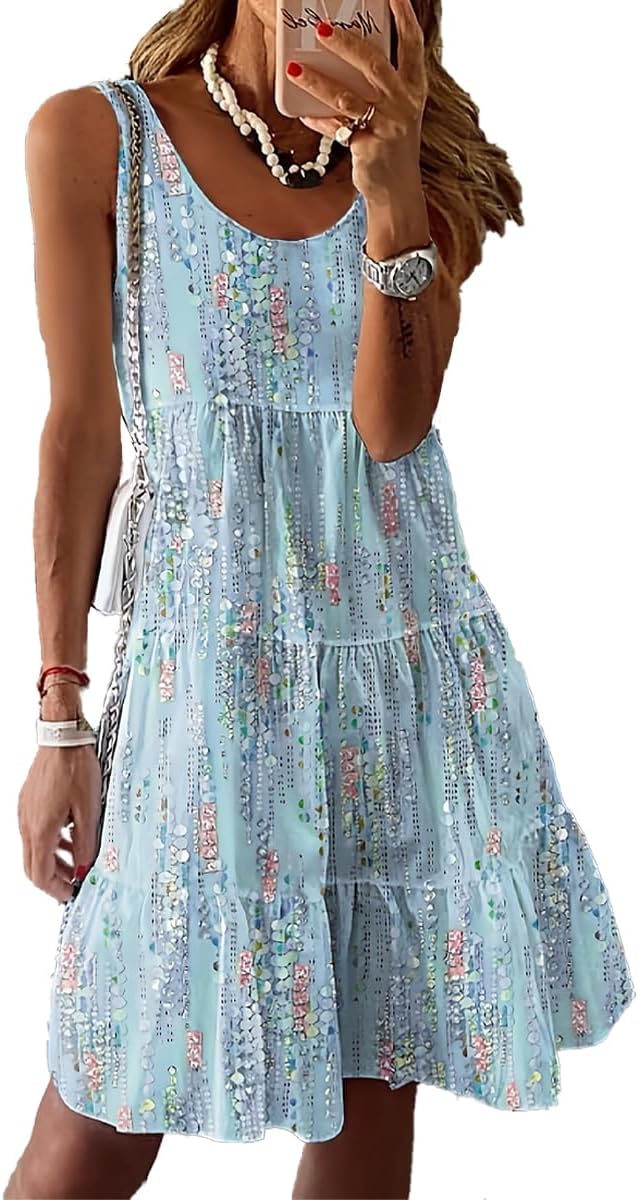Summer Dress Women Floral Beach Dress Sleeveless Casual Dresses Knee Length Short Tank Dress