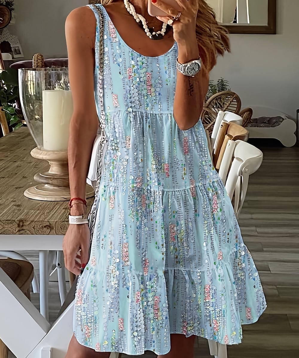 Summer Dress Women Floral Beach Dress Sleeveless Casual Dresses Knee Length Short Tank Dress