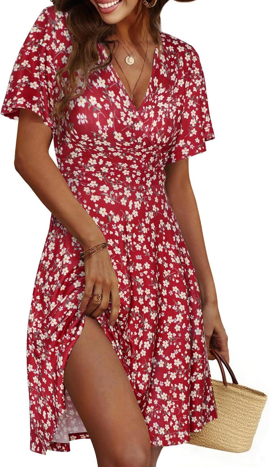 Cicy Bell Women's Floral Summer Dress,A-line Midi Dress,V Neckline Short Sleeve Casual Beach Party Dress