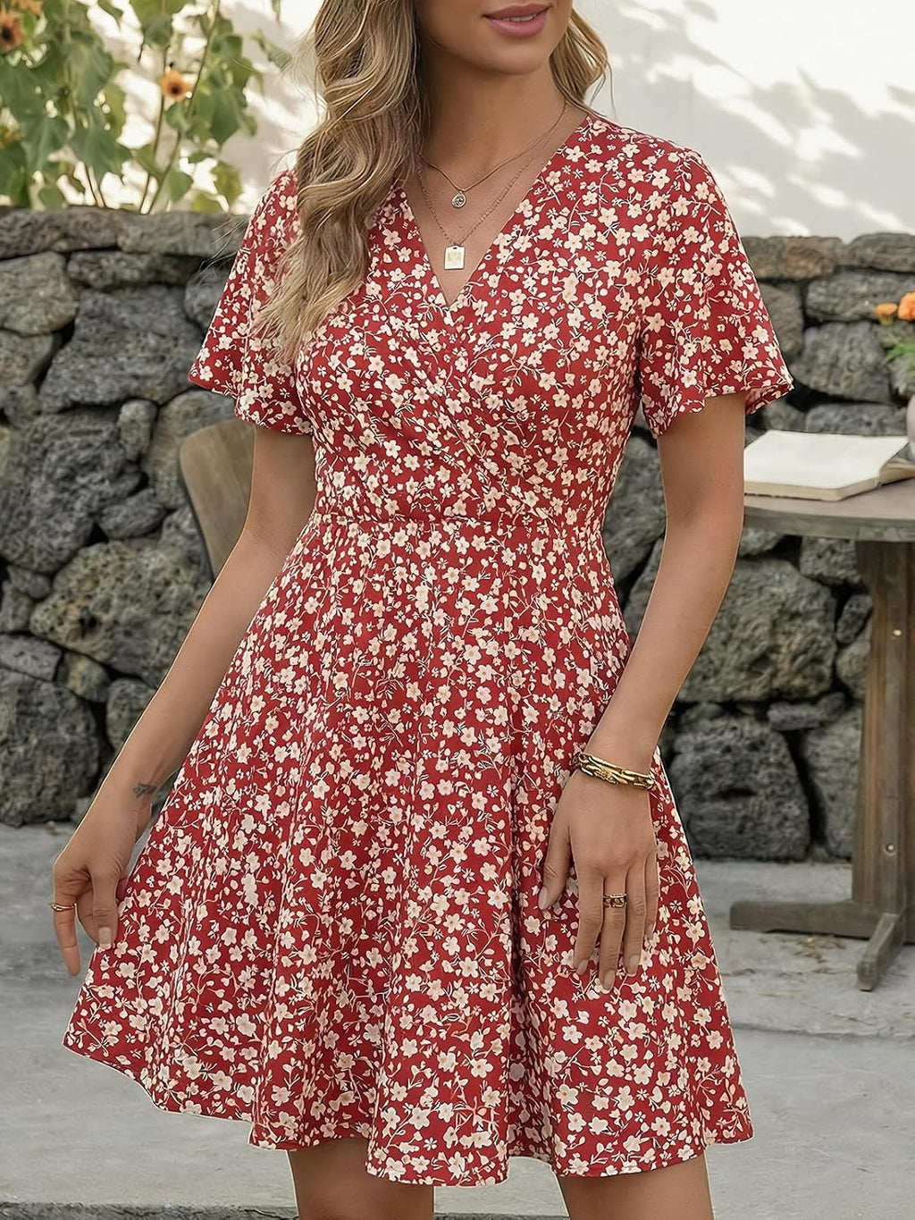 Cicy Bell Women's Floral Summer Dress,A-line Midi Dress,V Neckline Short Sleeve Casual Beach Party Dress