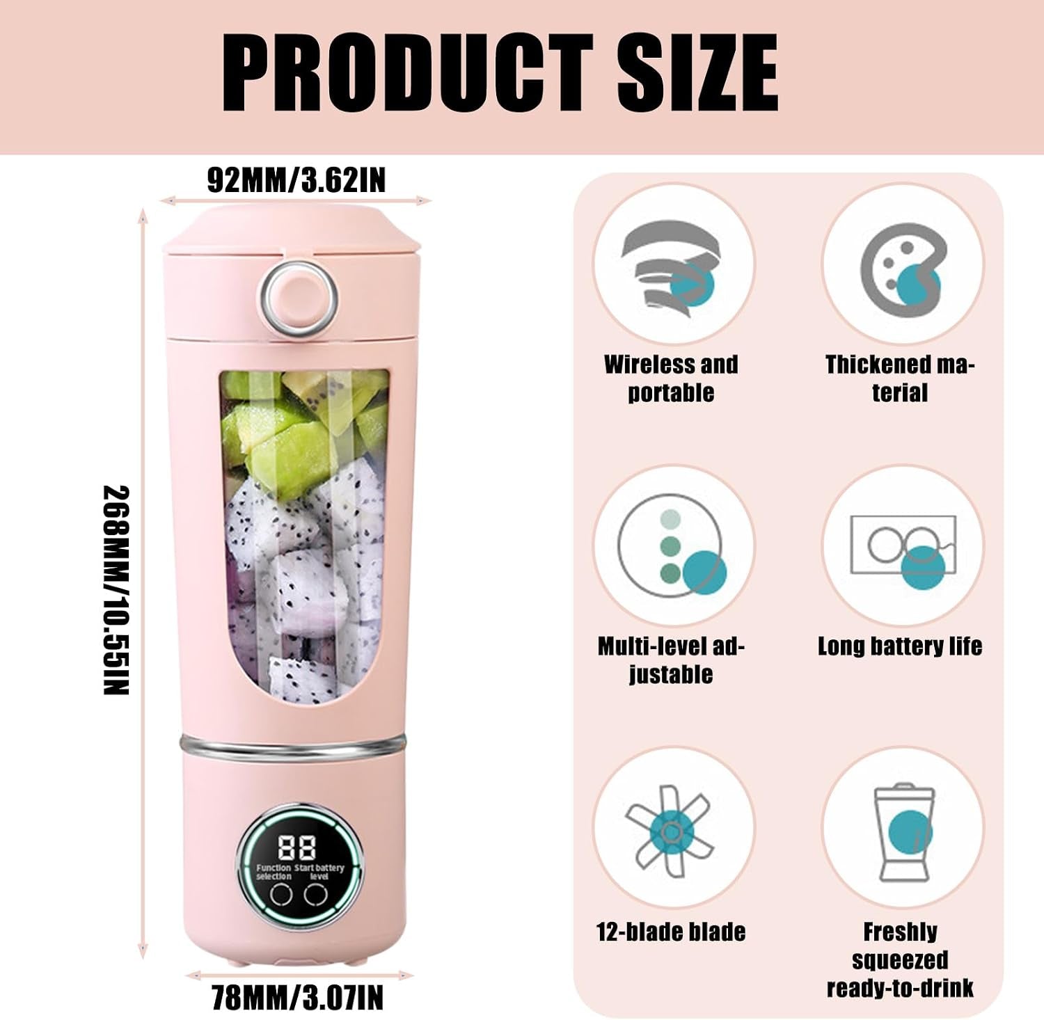 Maker to Go Mini Mixeur Portable, 700 Ml, En Acier Inoxydable, Avec 12 Lames En Acier Inoxydable, Rechargeable Par USB, Avec Couvercle De Voyage, Sans BPA, Pour Smoothies, Voyage, Bureau, Sport (Rose)