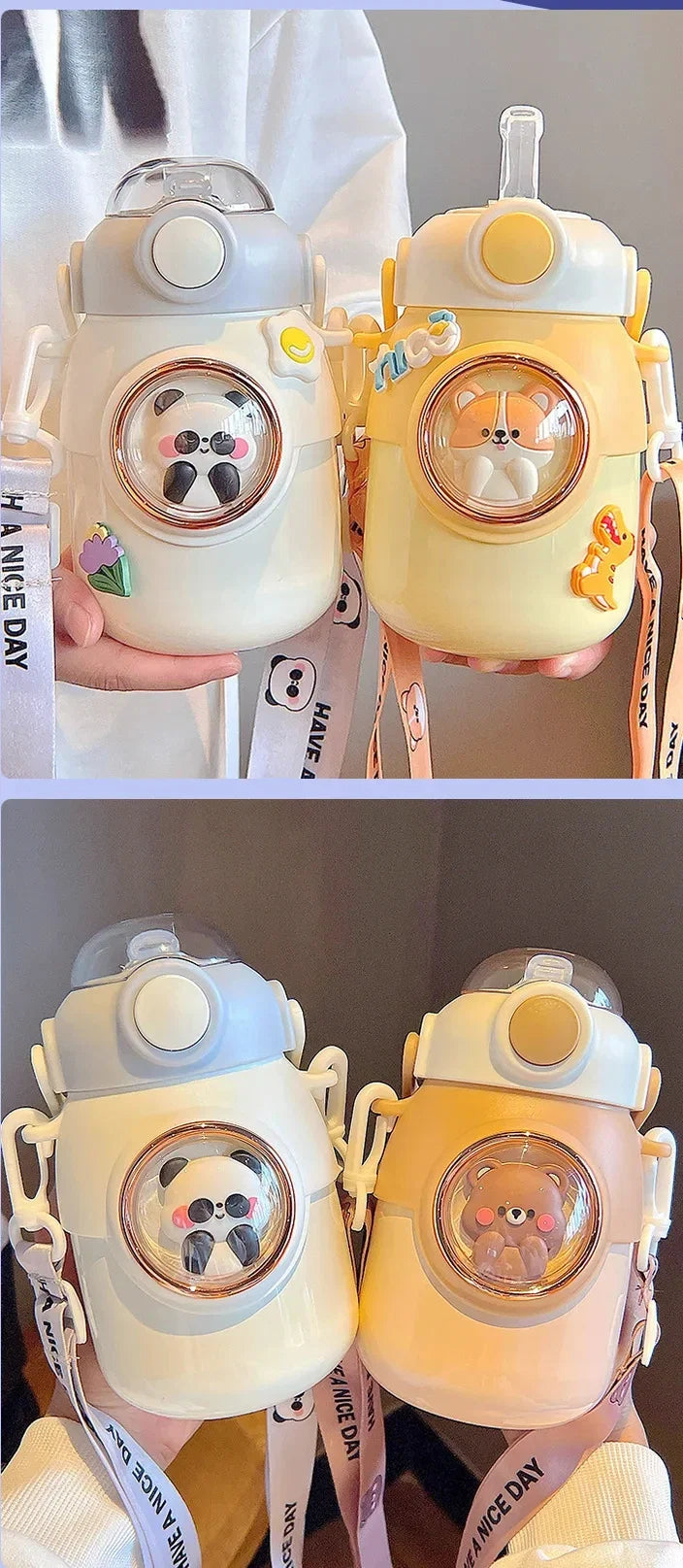 Bouteille Isotherme Kawaii en Acier Inoxydable avec Paille pour Enfant