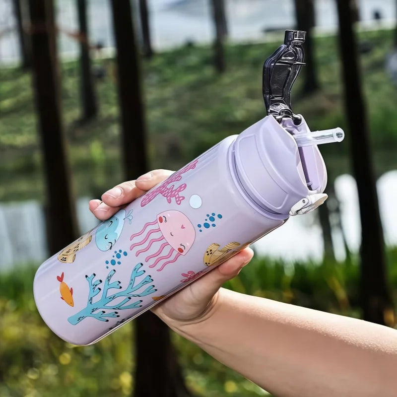 Gourde Dinosaure Enfant 750ml avec Paille – Bouteille Étanche en Silicone
