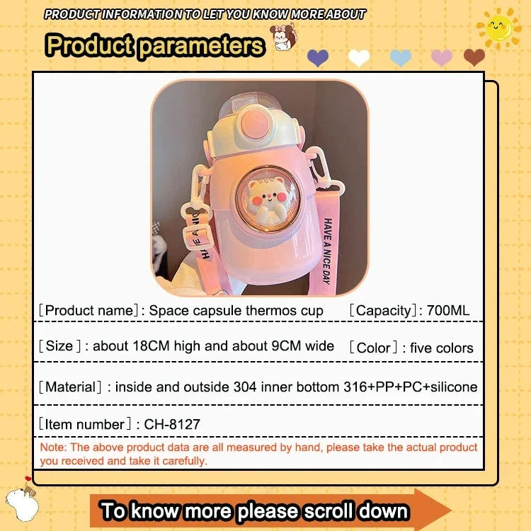 Bouteille Isotherme Kawaii en Acier Inoxydable avec Paille pour Enfant