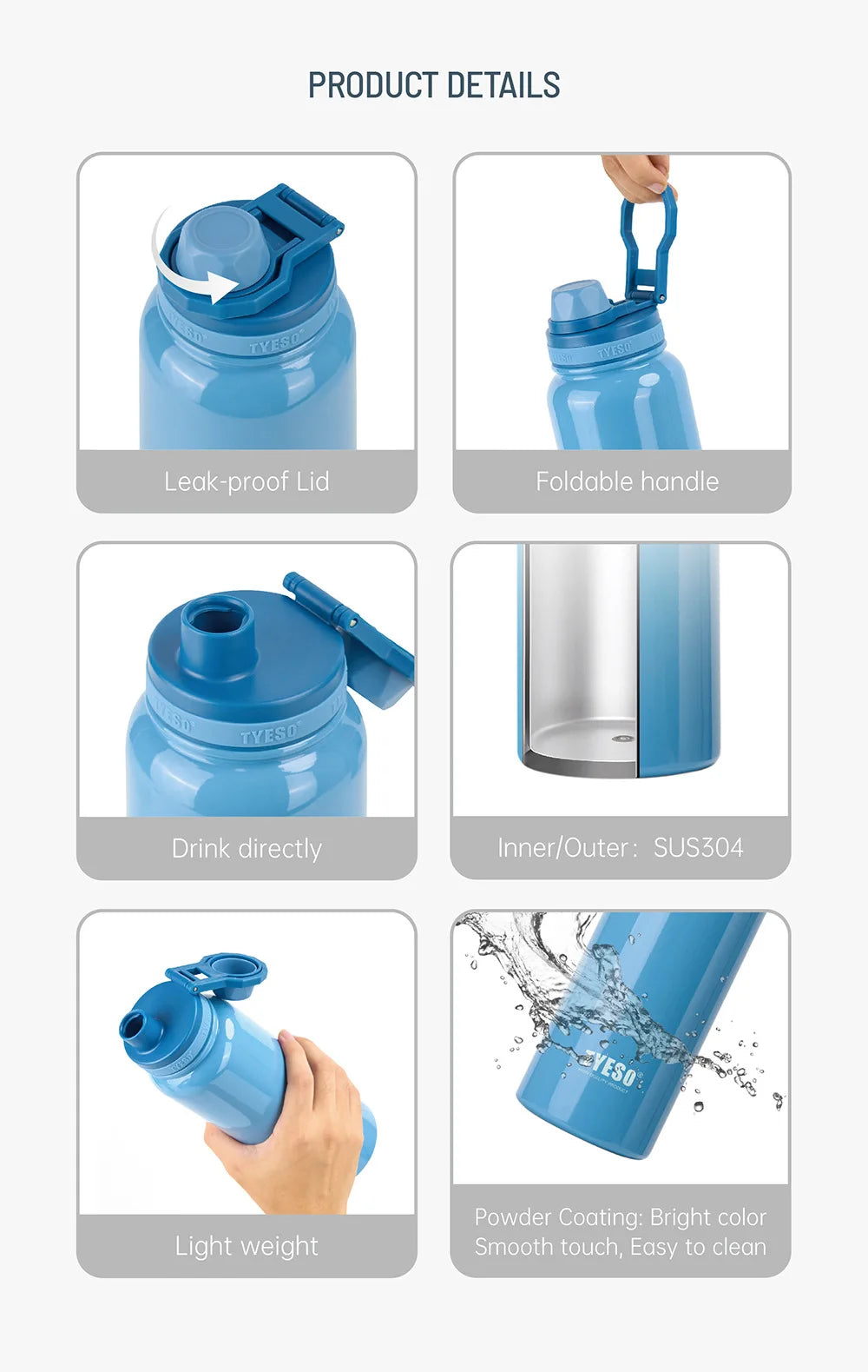 Bouteille isotherme TYESO pour voiture, gourde isolée, gobelet à eau pour les sports de plein air, les voyages, flacons sous vide, tasse thermique en acier inoxydable
