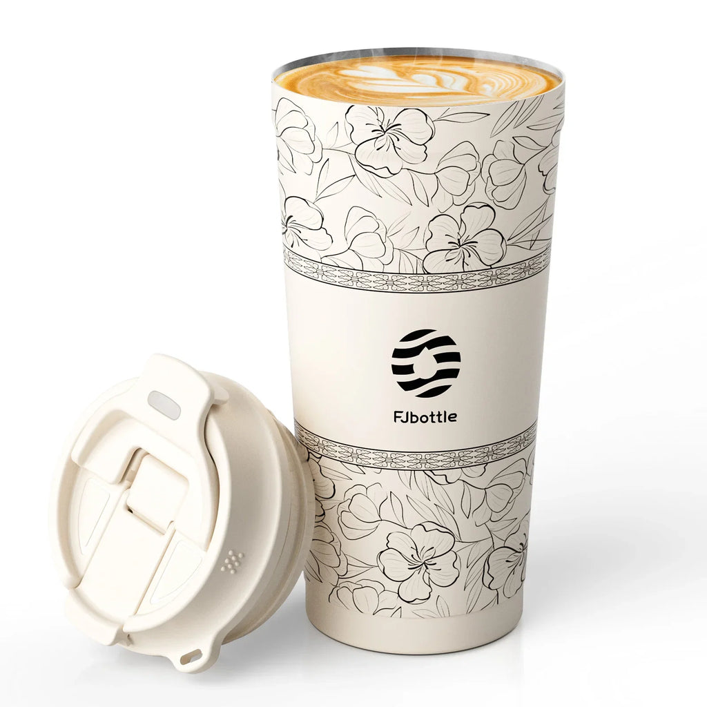 Fjbottle-Tasse à café à fleurs en acier inoxydable, d'extraction à vide, paille, gobelet isolé à boire directement, 500ml