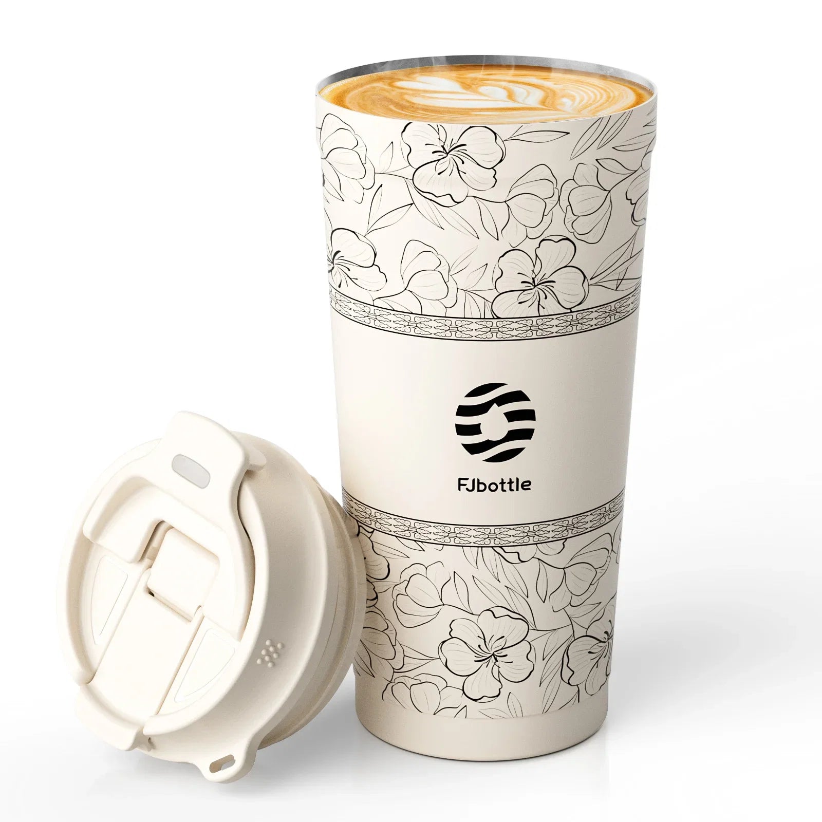 Fjbottle-Tasse à café à fleurs en acier inoxydable, d'extraction à vide, paille, gobelet isolé à boire directement, 500ml