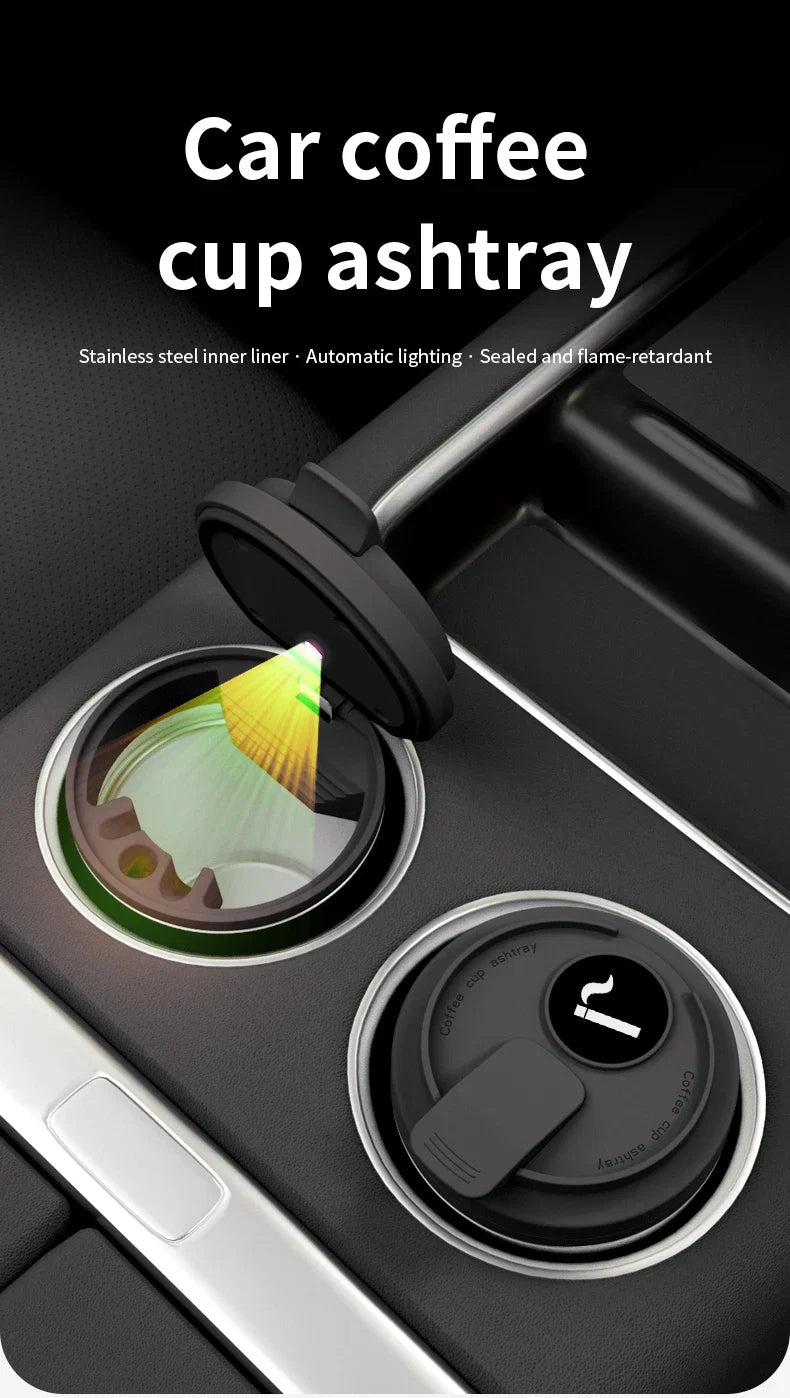Cendrier de Voiture Lumineux Style Tasse à Café – Revêtement Inox et LED Automatique