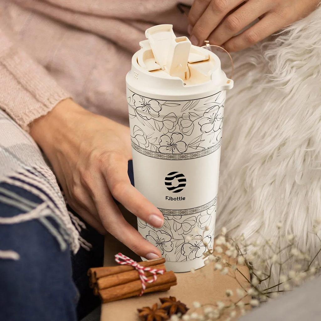 Fjbottle-Tasse à café à fleurs en acier inoxydable, d'extraction à vide, paille, gobelet isolé à boire directement, 500ml