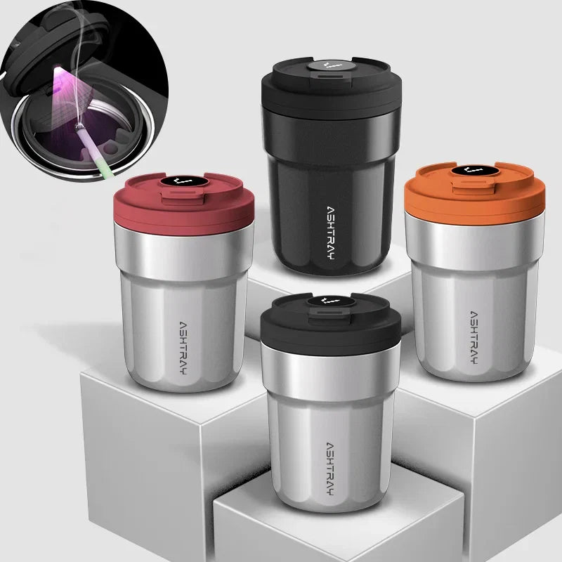 Cendrier de Voiture Lumineux Style Tasse à Café – Revêtement Inox et LED Automatique