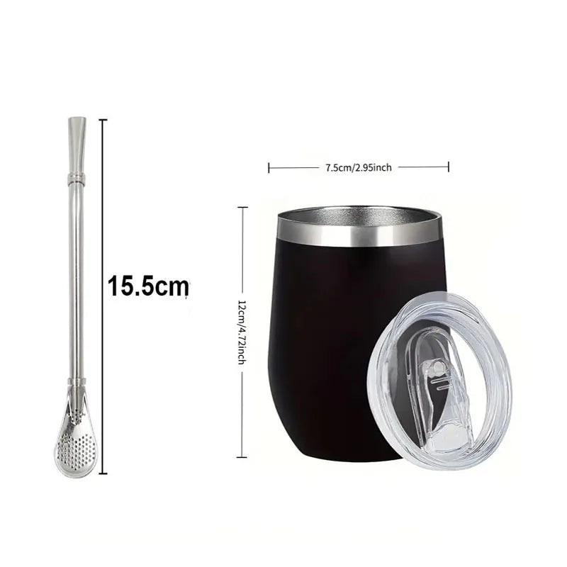 Kit Tasse à Maté Isotherme en Inox – Gobelet Yerba Mate Double Paroi avec Pailles et Couvercles / 350ml