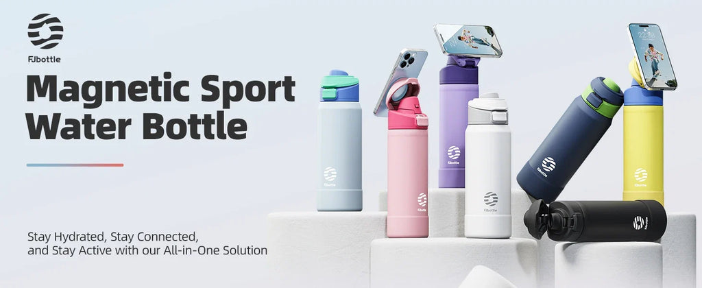 Bouteille d'eau sportive en acier inoxydable Fjbottle avec support magnétique pour téléphone, couvercle rebondissant, tasse isotherme