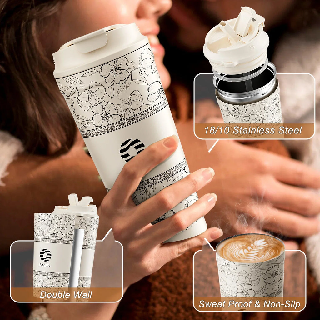 Fjbottle-Tasse à café à fleurs en acier inoxydable, d'extraction à vide, paille, gobelet isolé à boire directement, 500ml