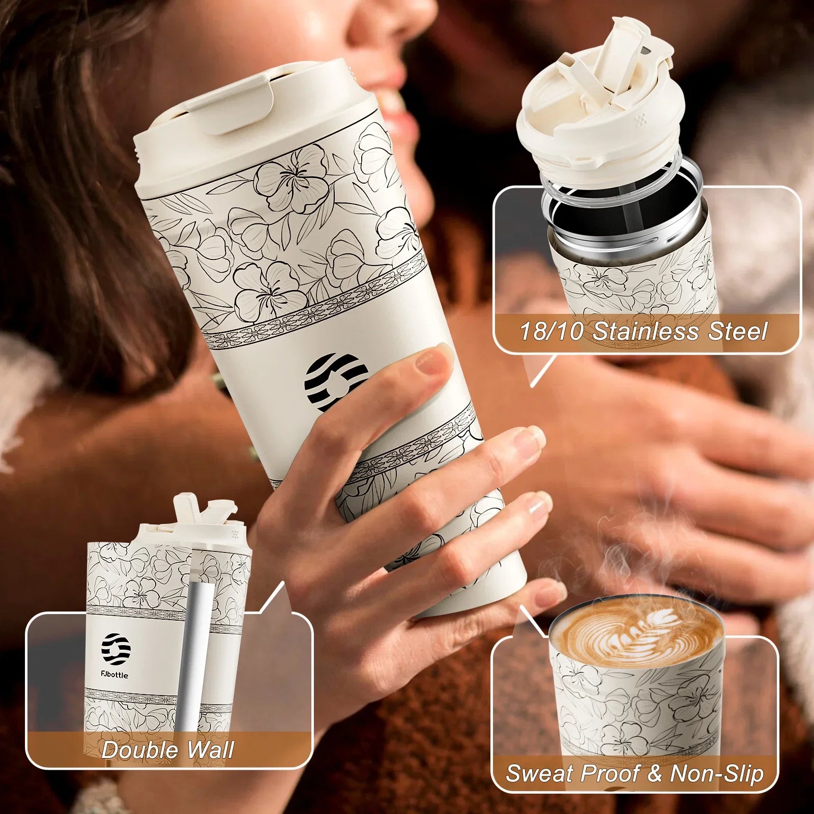 Fjbottle-Tasse à café à fleurs en acier inoxydable, d'extraction à vide, paille, gobelet isolé à boire directement, 500ml