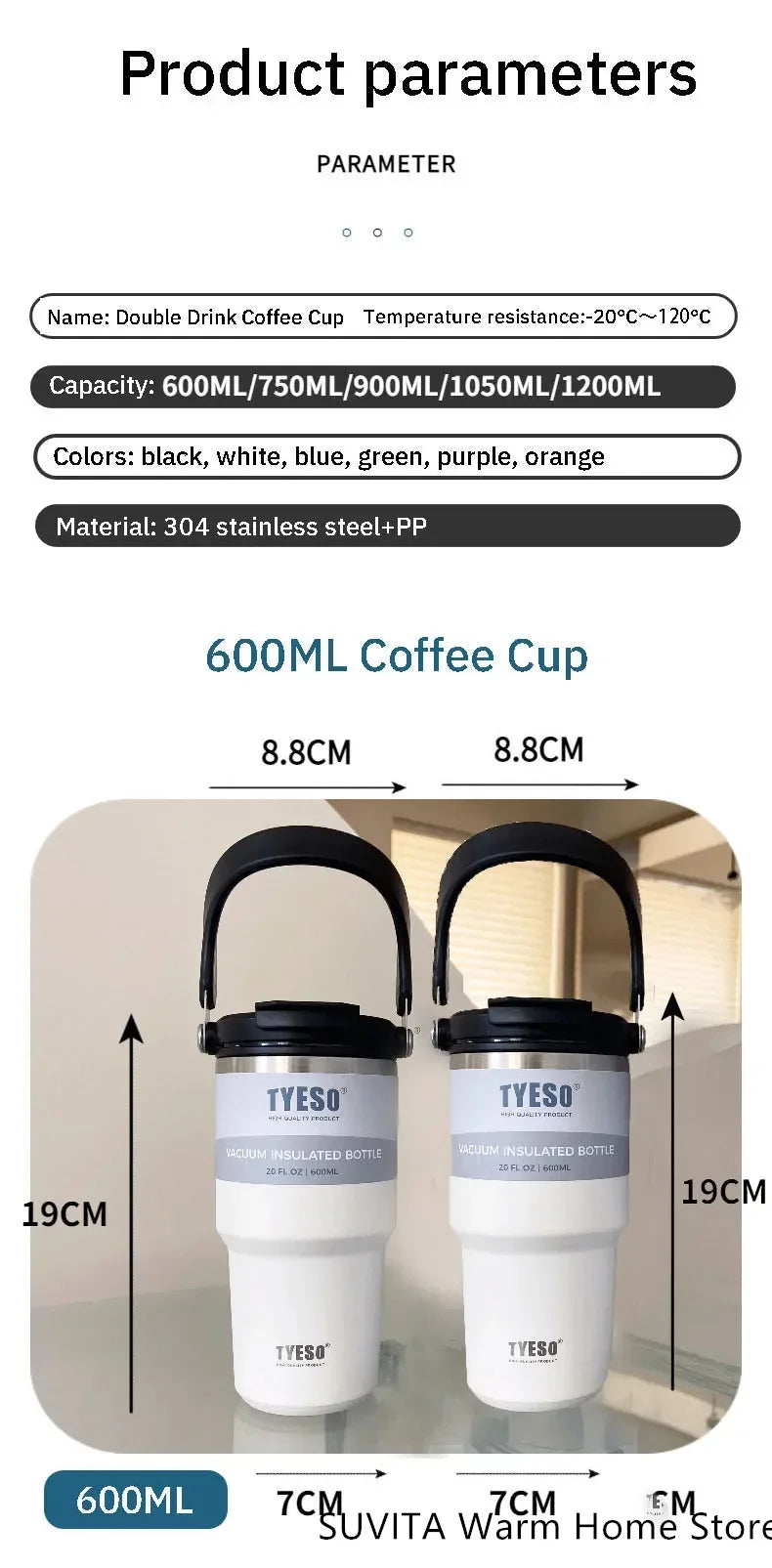 TYESO Thermos Tasse à Café avec Anneau de Levage (600ml à 1200ml)