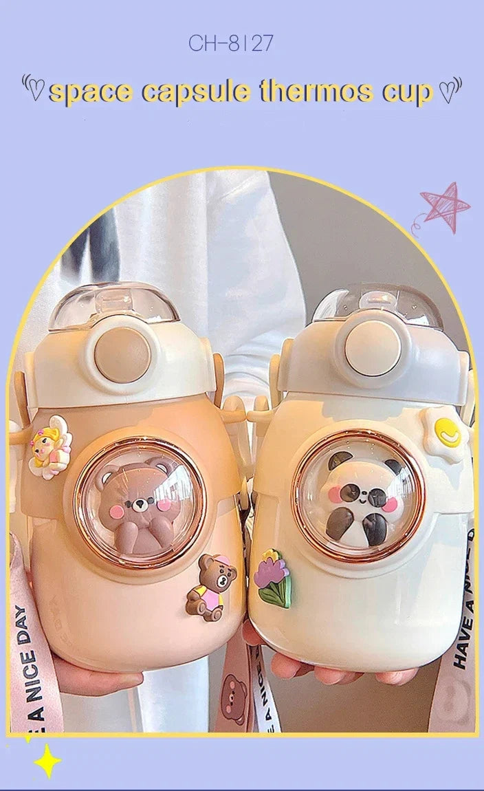 Bouteille Isotherme Kawaii en Acier Inoxydable avec Paille pour Enfant