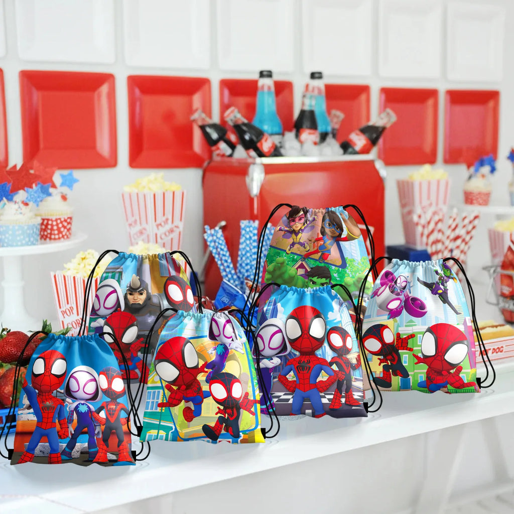 1/4/12 pièces Sacs cadeaux mignons en non-tissé à cordon, motif araignée, pour anniversaire, pour ses amis incroyables, fournitures de fête, cadeaux sur le thème de l'araignée