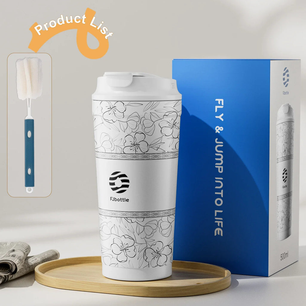 Fjbottle-Tasse à café à fleurs en acier inoxydable, d'extraction à vide, paille, gobelet isolé à boire directement, 500ml