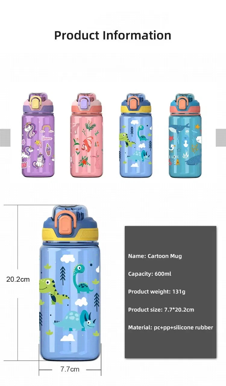 Gourde Dinosaure Enfant 600ml avec Paille – Bouteille Étanche et Pratique