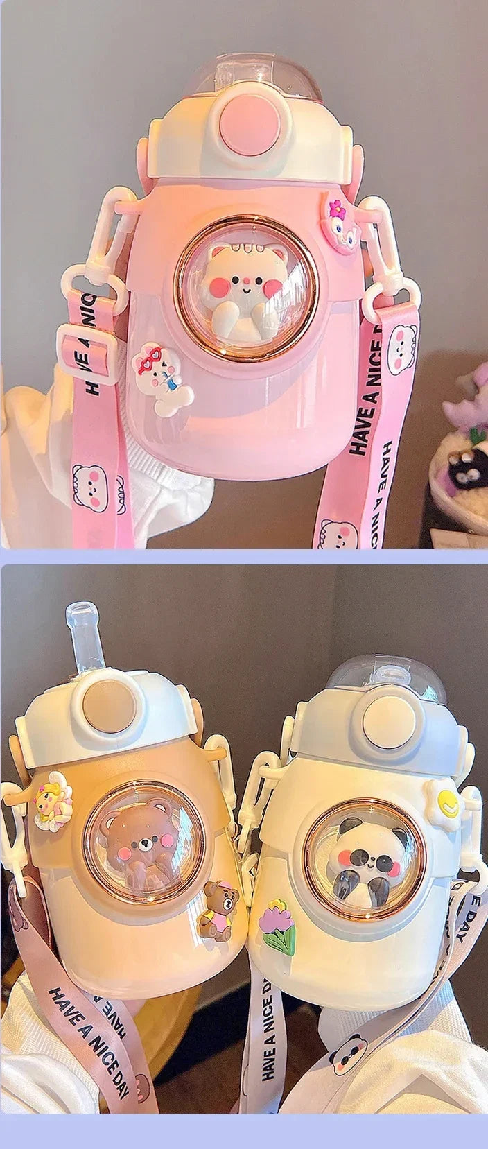 Bouteille Isotherme Kawaii en Acier Inoxydable avec Paille pour Enfant