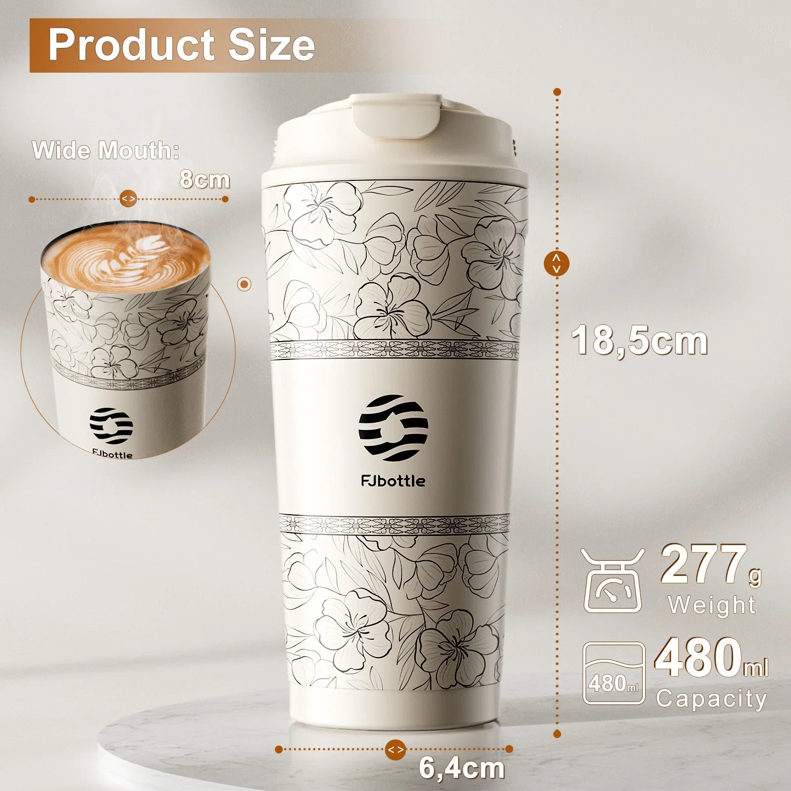 Fjbottle-Tasse à café à fleurs en acier inoxydable, d'extraction à vide, paille, gobelet isolé à boire directement, 500ml