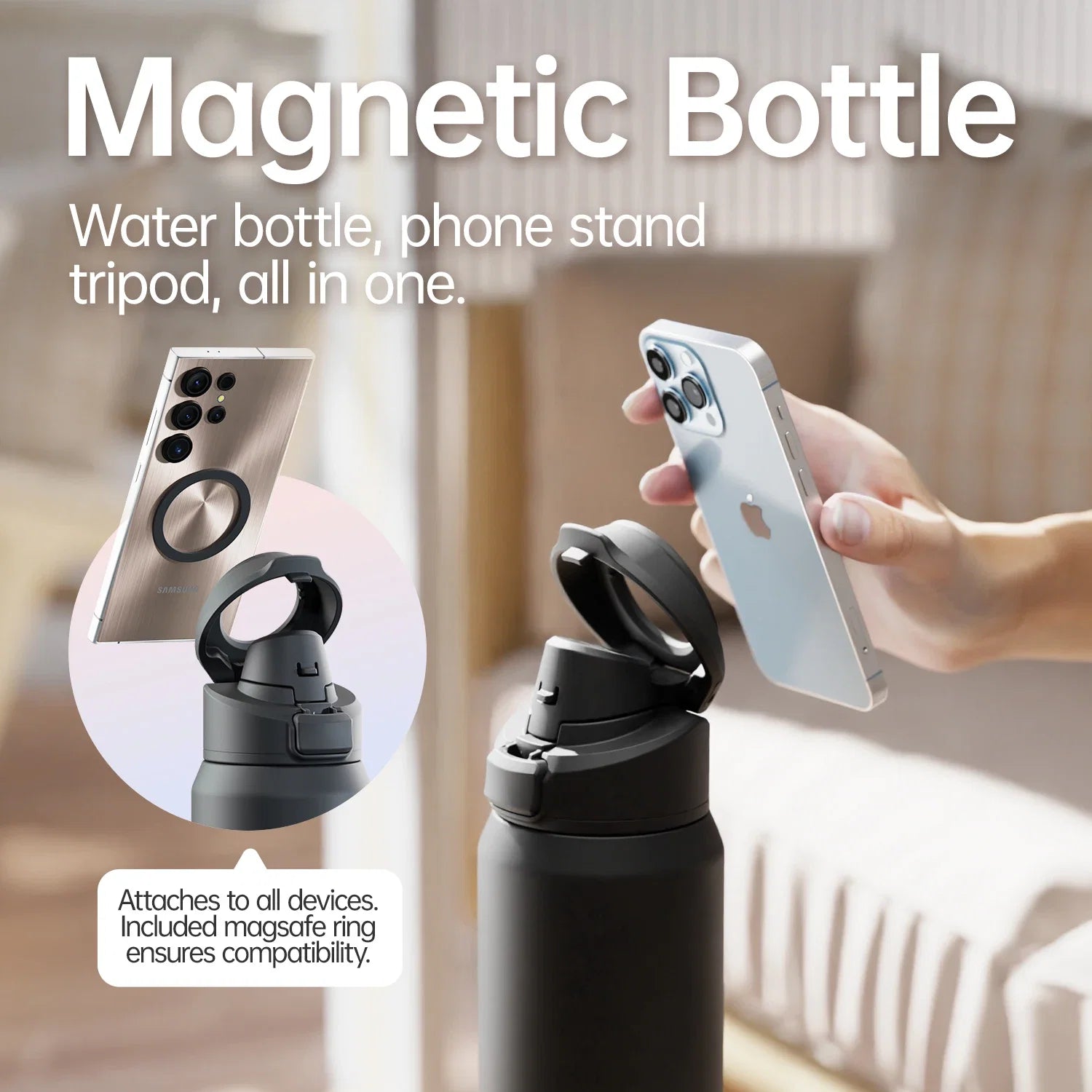 Bouteille d'eau sportive en acier inoxydable Fjbottle avec support magnétique pour téléphone, couvercle rebondissant, tasse isotherme