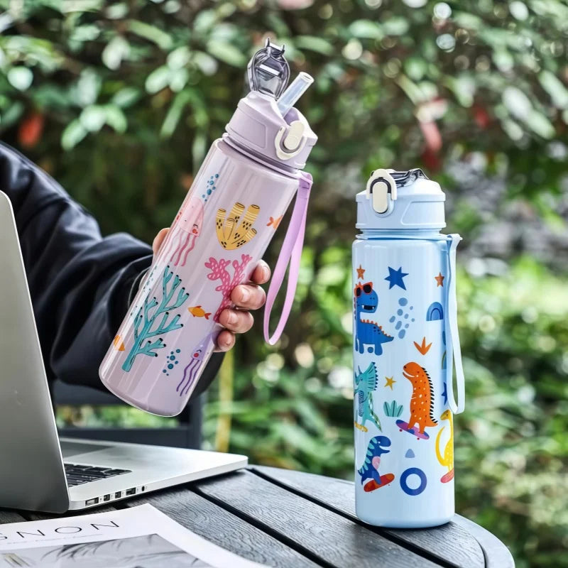 Gourde Dinosaure Enfant 750ml avec Paille – Bouteille Étanche en Silicone