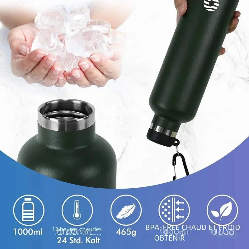 Gourde Isotherme Inox FEIJIAN 1L – Bouteille de Sport Étanche et Sans BPA