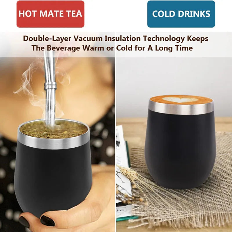Kit Tasse à Maté Isotherme en Inox – Gobelet Yerba Mate Double Paroi avec Pailles et Couvercles / 350ml