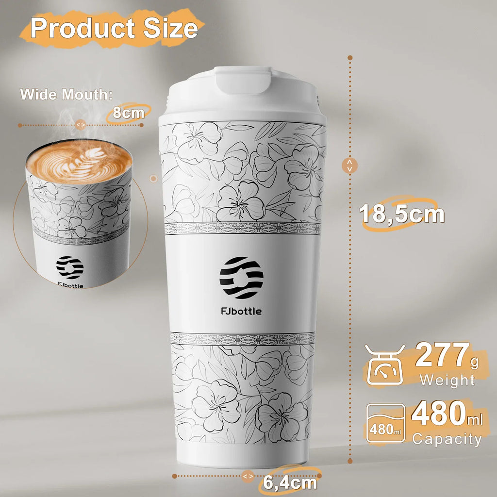 Fjbottle-Tasse à café à fleurs en acier inoxydable, d'extraction à vide, paille, gobelet isolé à boire directement, 500ml