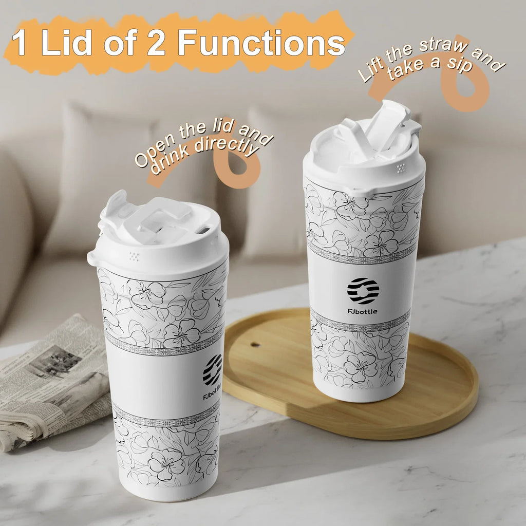 Fjbottle-Tasse à café à fleurs en acier inoxydable, d'extraction à vide, paille, gobelet isolé à boire directement, 500ml