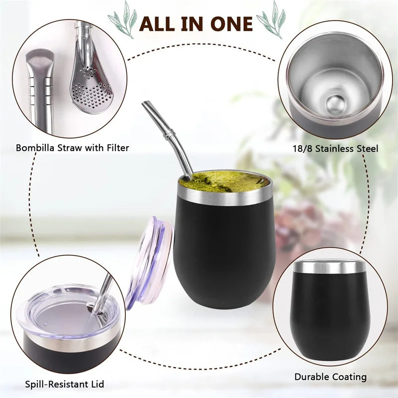 Kit Tasse à Maté Isotherme en Inox – Gobelet Yerba Mate Double Paroi avec Pailles et Couvercles / 350ml