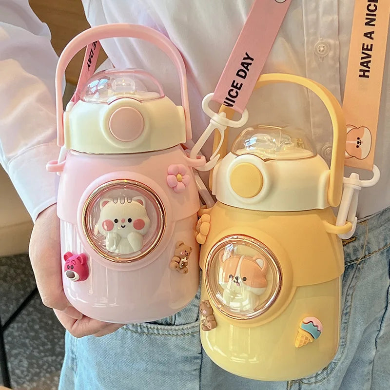 Bouteille Isotherme Kawaii en Acier Inoxydable avec Paille pour Enfant