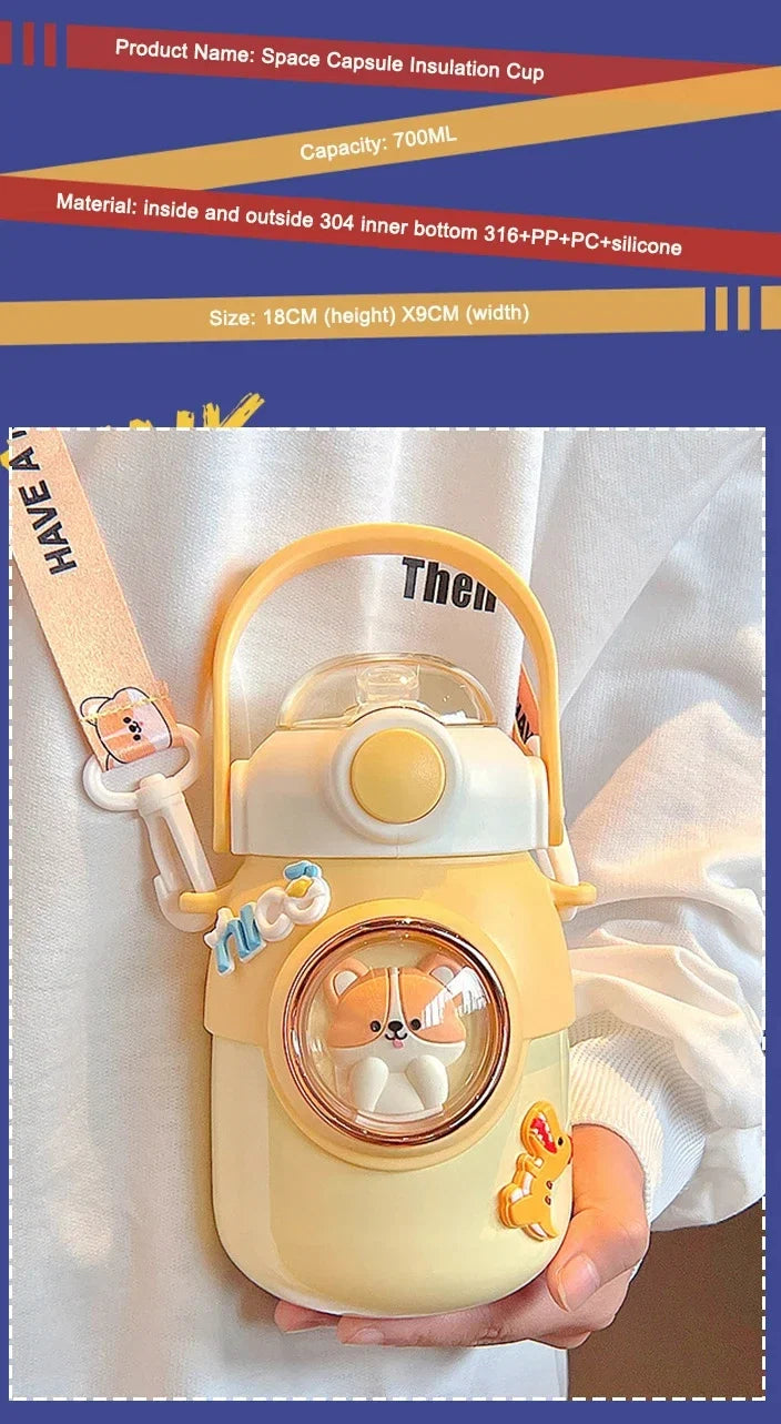 Bouteille Isotherme Kawaii en Acier Inoxydable avec Paille pour Enfant