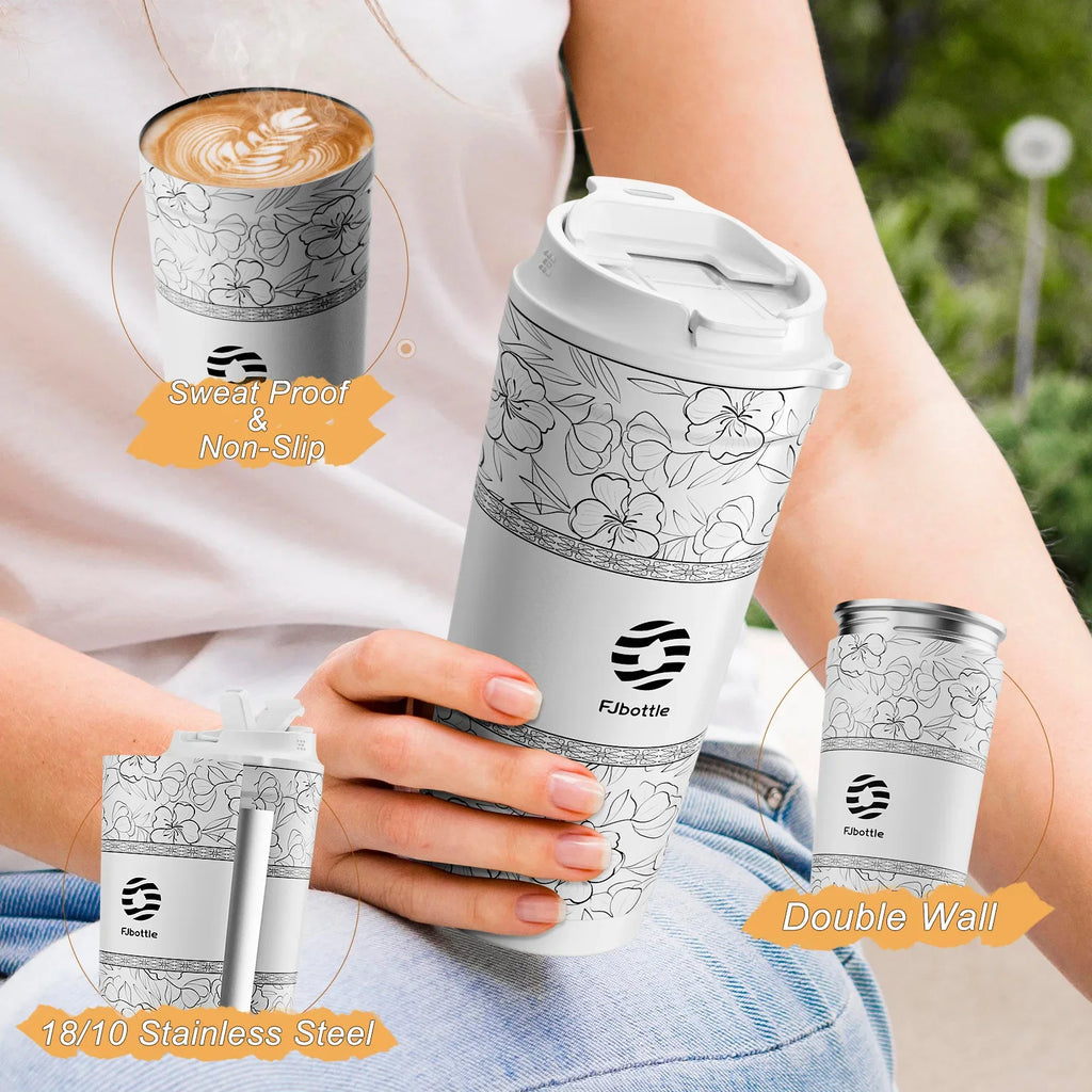 Fjbottle-Tasse à café à fleurs en acier inoxydable, d'extraction à vide, paille, gobelet isolé à boire directement, 500ml