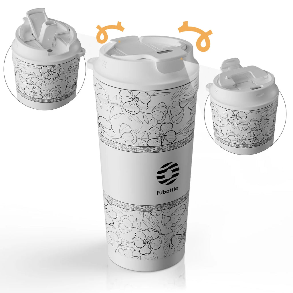 Fjbottle-Tasse à café à fleurs en acier inoxydable, d'extraction à vide, paille, gobelet isolé à boire directement, 500ml