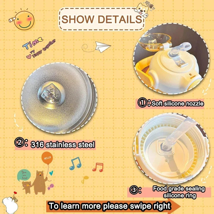 Bouteille Isotherme Kawaii en Acier Inoxydable avec Paille pour Enfant