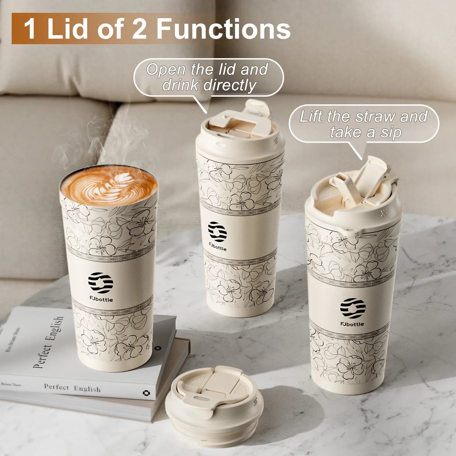 Fjbottle-Tasse à café à fleurs en acier inoxydable, d'extraction à vide, paille, gobelet isolé à boire directement, 500ml
