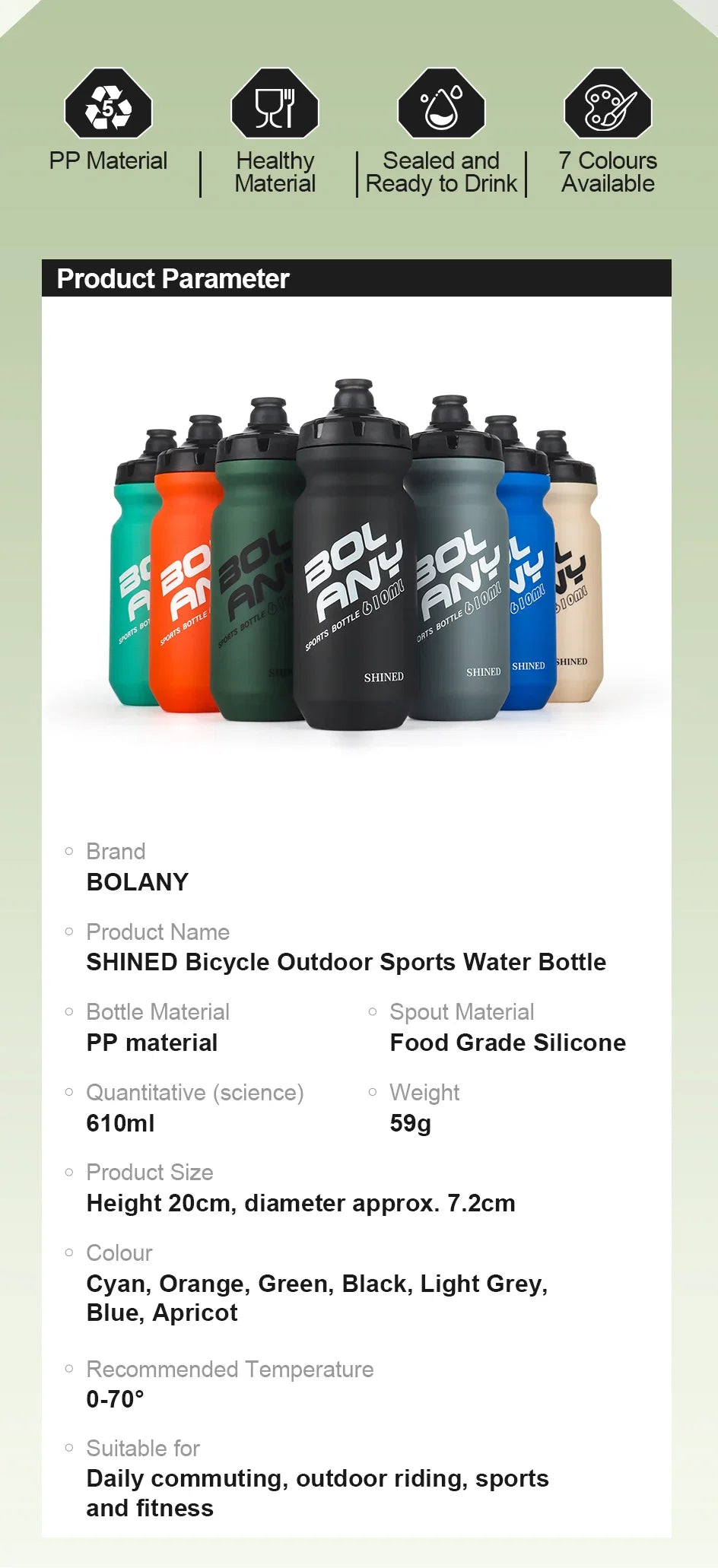 Gourde de Cyclisme Ultra-Légère BOLANY – Plastique PP5 Sain / 610ml