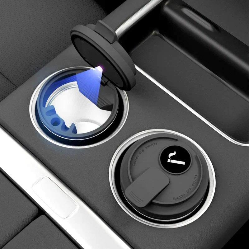 Cendrier de Voiture Lumineux Style Tasse à Café – Revêtement Inox et LED Automatique