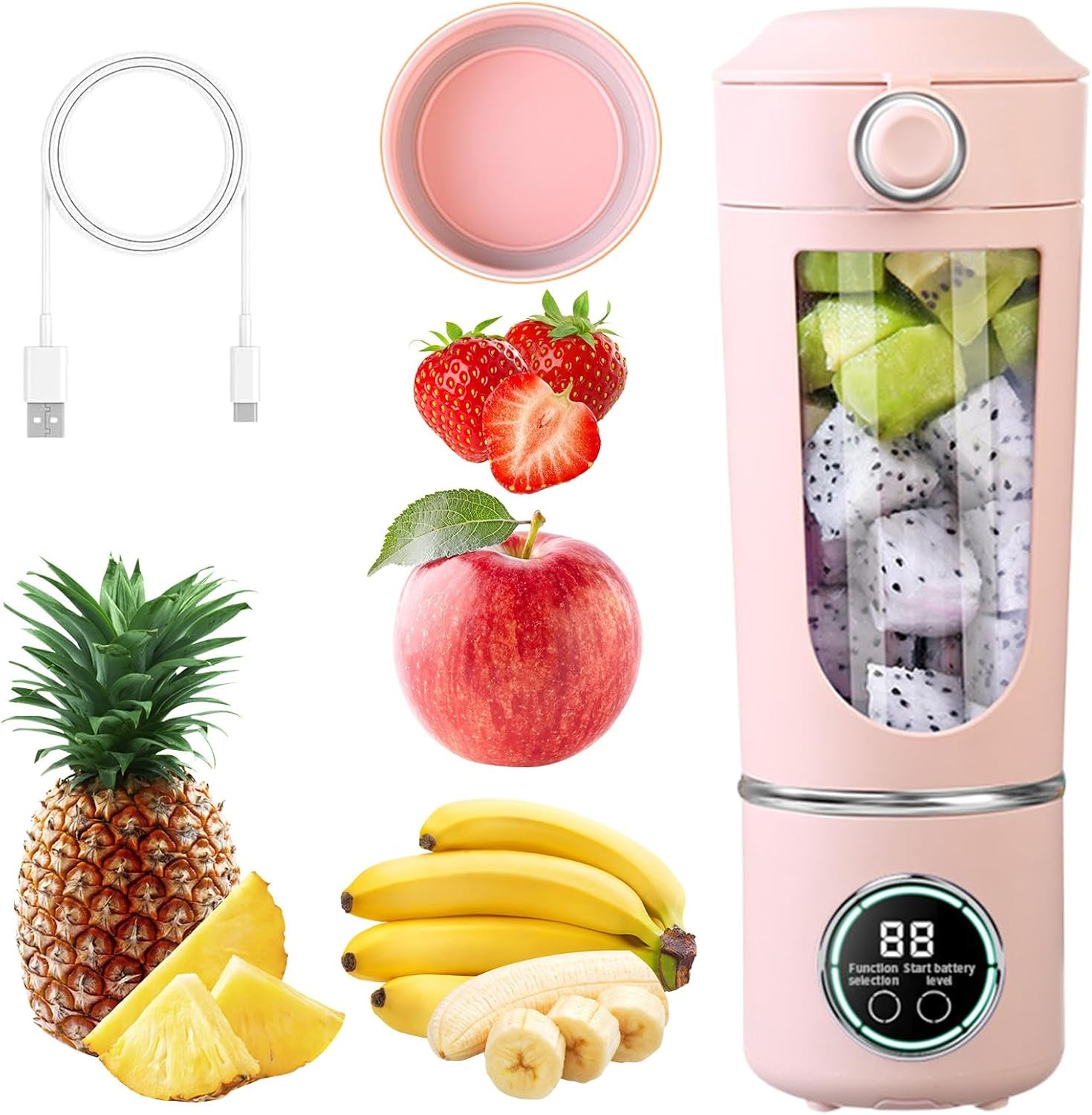 Maker to Go Mini Mixeur Portable, 700 Ml, En Acier Inoxydable, Avec 12 Lames En Acier Inoxydable, Rechargeable Par USB, Avec Couvercle De Voyage, Sans BPA, Pour Smoothies, Voyage, Bureau, Sport (Rose)