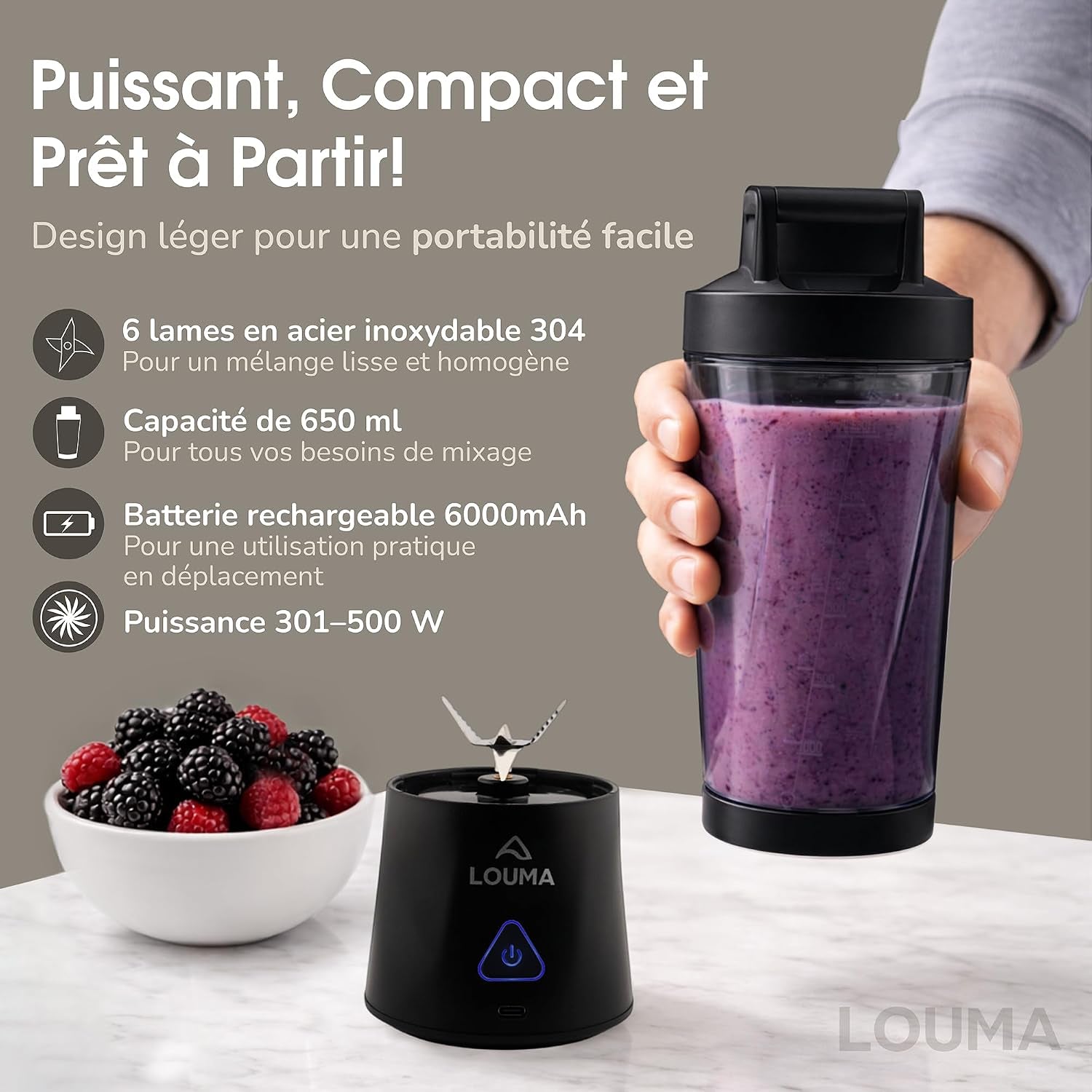 Blender Portable 650Ml  : Mixeur Smoothie USB, Sans Fil, 6 Lames
